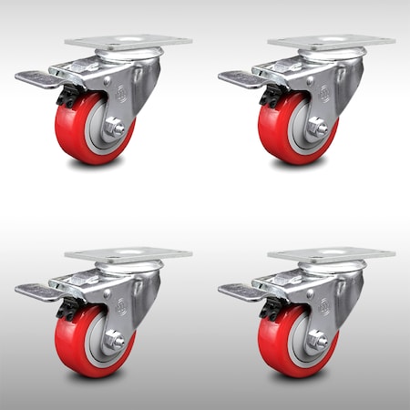 Service Caster 3.5 Inch SS Red Polyurethane Top Plate Caster Set Total Lock Brake SCC SCC-SSTTL20S3514-PPUB-RED-4